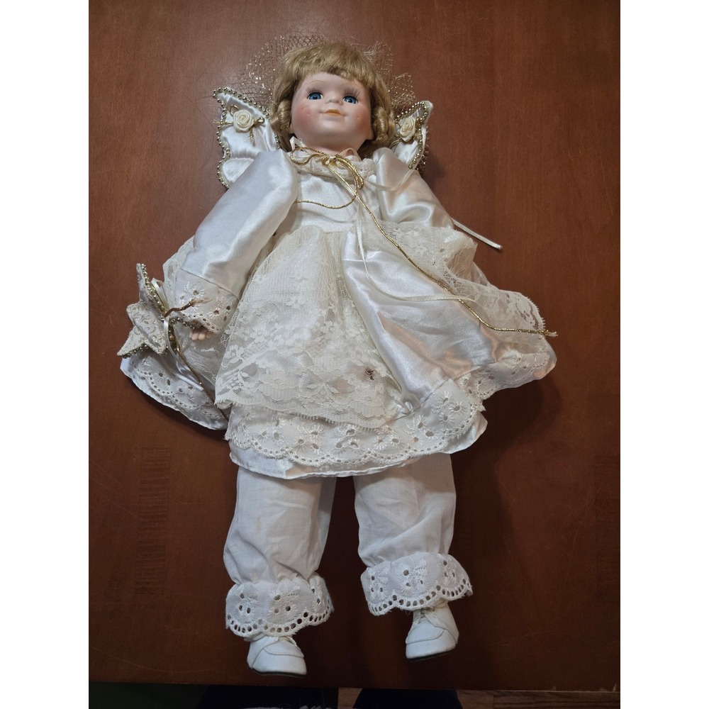 Porcelain Angel Doll Holiday Christmas Halo Gold Trim Vintage